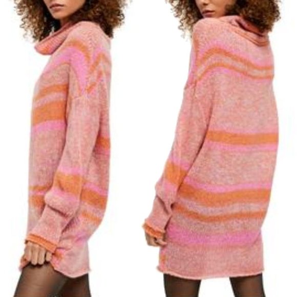 Free People Dresses & Skirts - Free People Orange Candy Stripe Cowl Neck Sweater Tunic / Dress